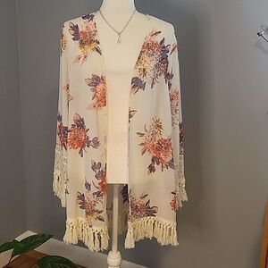 Xhilaration Floral Lace and Tassel Trimmed Bohemian Kimono Cover- Up - Size L